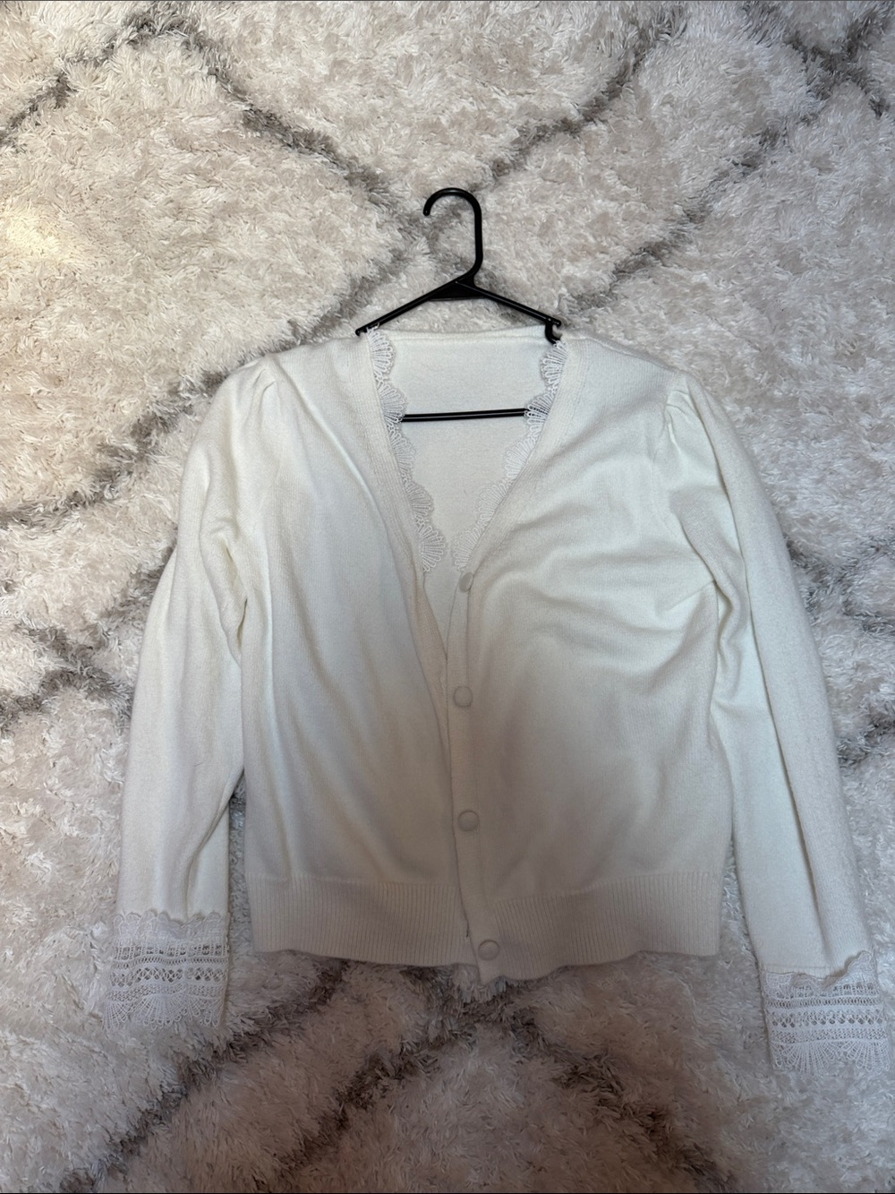 SHEIN Cream Lace-Trim Button Front Cardigan